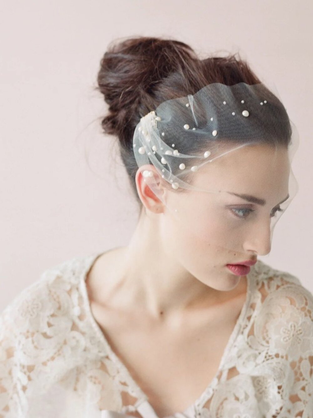 Twigs & Honey Pearl Adorned Tulle Bandeau Ivory Veil